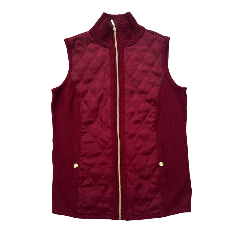 Susan Graver Quilted Vest Sleeveless Puffer Padded Gold Zip Burgundy Women Small